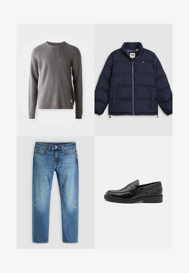 Tmavomodrá prešívaná bunda so zipsom vpredu, dvoma bočnými vreckami, elastickými manžetami a logom Levi's na hrudi a na vnútornej etikete goliera.; Šedý rebrovaný pletený sveter s dlhými rukávmi a okrúhlym výstrihom. Má textúrovaný povrch a malú značku s logom na leme.; Svetlomodré riflové nohavice s priamym strihom, klasickým päťvreckovým dizajnom a jemným vyblednutím. Majú zapínanie na gombík a pútka na opasok.; Čierne kožené mokasíny s hladkým povrchom, zaoblenou špičkou, nízkym podpätkom a dekoratívnym prešívaním na prednej strane. Gumová podrážka pre lepšiu priľnavosť.