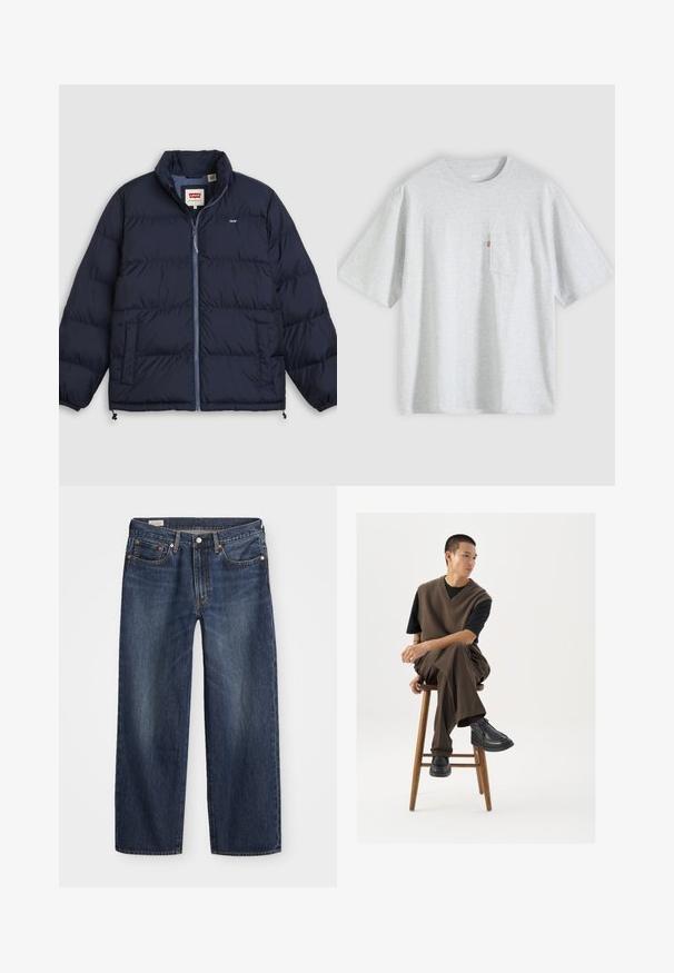 Tmavomodrá prešívaná bunda so zipsom vpredu, dvoma bočnými vreckami, elastickými manžetami a logom Levi's na hrudi a na vnútornej etikete goliera.; Svetlosivé tričko s krátkym rukávom a okrúhlym výstrihom, s malou náprsnou vreckou na ľavej strane so červenou značkou.; Tmavomodré riflové nohavice so strihom rovného strihu, dizajnom s piatimi vreckami, kovovým gombíkom a zipsom, a s jemným vzorom žmolkov.; Hnedý pletený sveter cez čierne tričko, v kombinácii s hnedými širokými nohavicami a čiernymi robustnými topánkami, sediaci na drevenom stoličke.