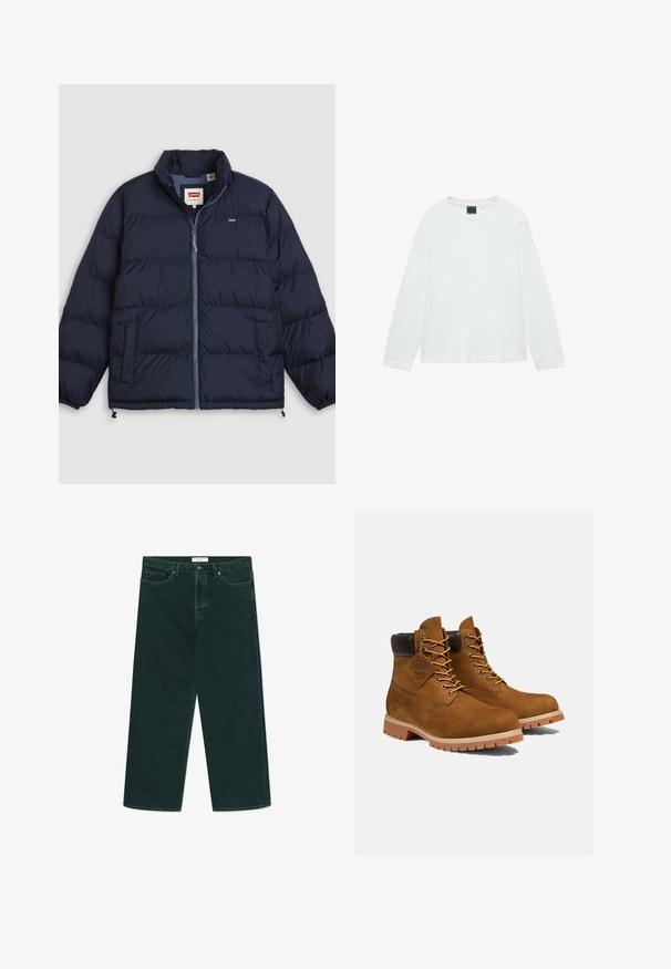 Mørkeblå dunjakke med frontlynlås, to sidelommer, elastiske ærmeafslutninger og Levi's-logo på brystet og på indvendig kraveetiket.; Hvid langærmet rundhals T-shirt med lige kant og sort størrelseslabel inde i kraven.; Mørkegrønne vidde denimjeans med knap- og lynlås lukning, forlommer og bæltestropper, liggende fladt på en hvid baggrund.; Brune ruskinds ankelstøvler med en polstret sort krave, gyldne snørehuller og en tyk gummisål med en mønster, der giver godt greb.