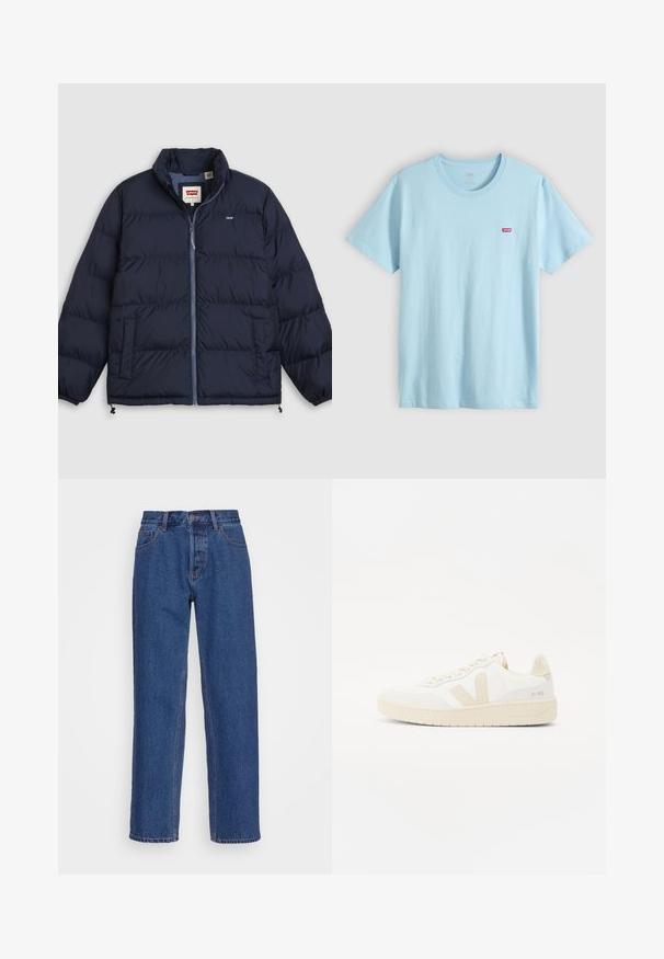 Tumesinine sulejope esiku tõmblukuga, kahe küljetasku, elastsete varrukasäärte ning Levi's logo rinnal ja krae siseküljel sildil.; Hele sinine lühikeste varrukatega ümara kaelusega T-särk, millel on vasakul rinnal väike punane Levi's logo.; Sinine denim materjalist teksad, millel on klassikaline sirge jala disain, kõrgem talje, pahkluu aasad ja peened õmblused.; Valged tennisjalatsid beežide aksentidega, millel on tekstuuriga pealis, ümar varvas ja paks kummist tall. Disain sisaldab ikoonilist V-logo ja brändimist.