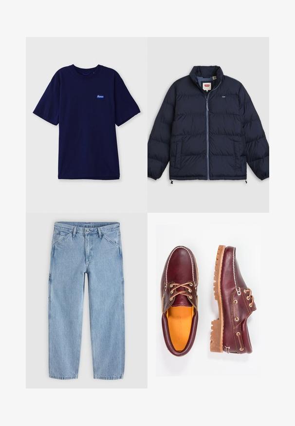 Marineblauwe donsjas met ritssluiting aan de voorkant, twee zijzakken, elastische manchetten en Levi's-logo op de borst en aan de binnenkant van het kraaglabel.; Marineblauwe katoenen t-shirt met een ronde hals, korte mouwen en een klein rechthoekig merketiket in blauw en wit op de linkerborst.; Lichtblauwe jeans met rechte pijpen, een knoop aan de voorkant, rits, riemlussen en schuine voorkantzakken op een effen achtergrond.; Bordeaux leren schoenen met bruine rubberen zolen, ronde neus, witte stiksels en gouden veterogen. Het interieur heeft een gele voering.