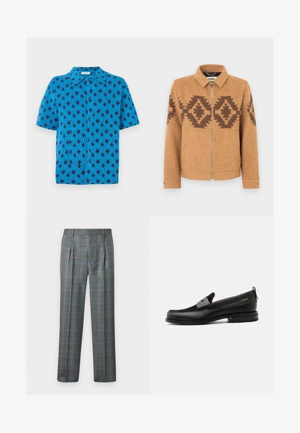 Bruine wollen jas met een ritssluiting aan de voorkant, een ontworpen kraag, met een geometrisch patroon in donkerder bruin over de borst en mouwen.; Korte mouw shirt van blauwe stof met een geometrisch patroon van met elkaar verweven lijnen, met een kraag en een knoopsluiting aan de voorkant.; Grijze geruite broek met blauwe en oranje lijnen, geplooide voorkant, recht gesneden ontwerp, gemaakt van een gestructureerde stof, taille met riemlussen.; Zwarte leren loafer met grijs riemdetailelement, lage hak en gestructureerde zool, aan de zijkant gebrandmerkt met "HUGO" in goud.
