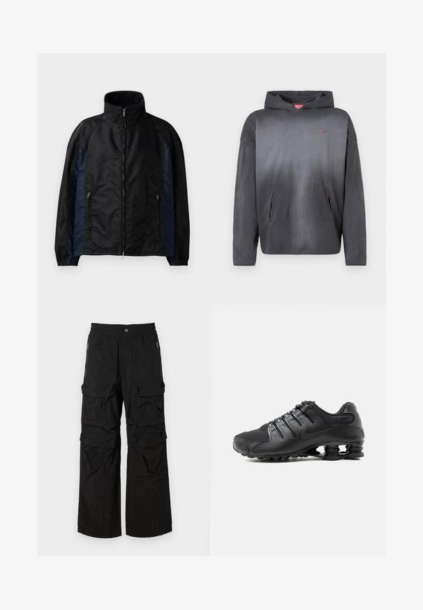 Zwarte en marineblauwe windbreaker jacket met hoge kraag, ritssluiting aan de voorkant, zijzakken, elastische manchetten en een gladde textuur.; Donkergrijze hoodie met een klein rood logo op de borst en twee zakken aan de voorkant, afgebeeld op een witte achtergrond.; Zwarte cargobroek met een elastische tailleband, meerdere grote zakken en ritszakken aan de zijkant. Gemaakt van lichte, gestructureerde stof.; zwarte hardloopschoen met gestructureerd bovenwerk, veterluiting en kenmerkende veerachtige zoolsteun zichtbaar op een witte achtergrond.
