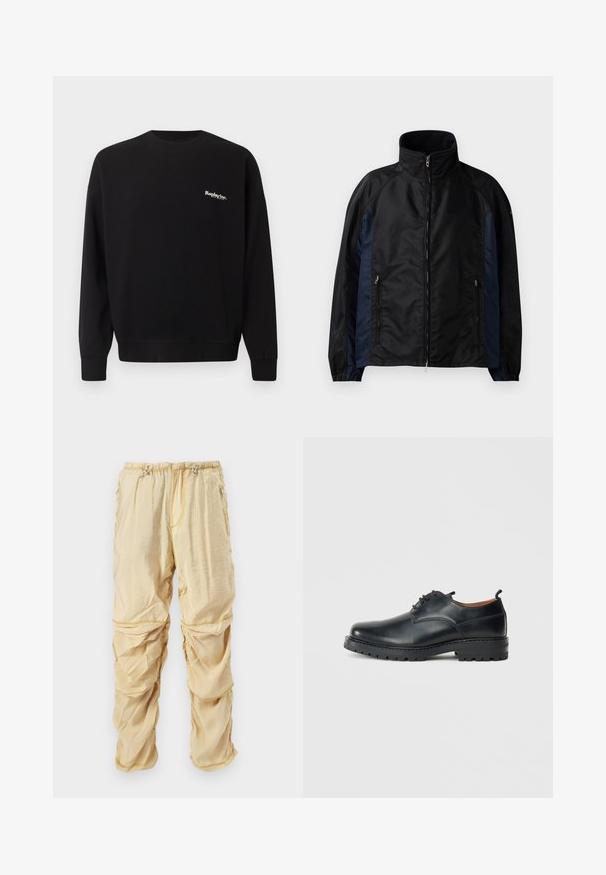Schwarze und marineblaue Windbreaker-Jacke mit hohem Kragen, Reißverschluss vorne und seitlichen Taschen, elastischen Bündchen und einer glatten Textur.; Replay Inc. Sweatshirt - black; Helle beige Nylon-Cargohosen mit verstellbaren Drawstrings an der Taille und Reißverschlusstaschen, gestaltet mit gerafften, geschichteten Stoffdetails.; Schwarze Leder Derby-Schuhe mit glatter Textur, runder Zehenform, Schnürdesign und einer dicken, robusten Gummisohle.