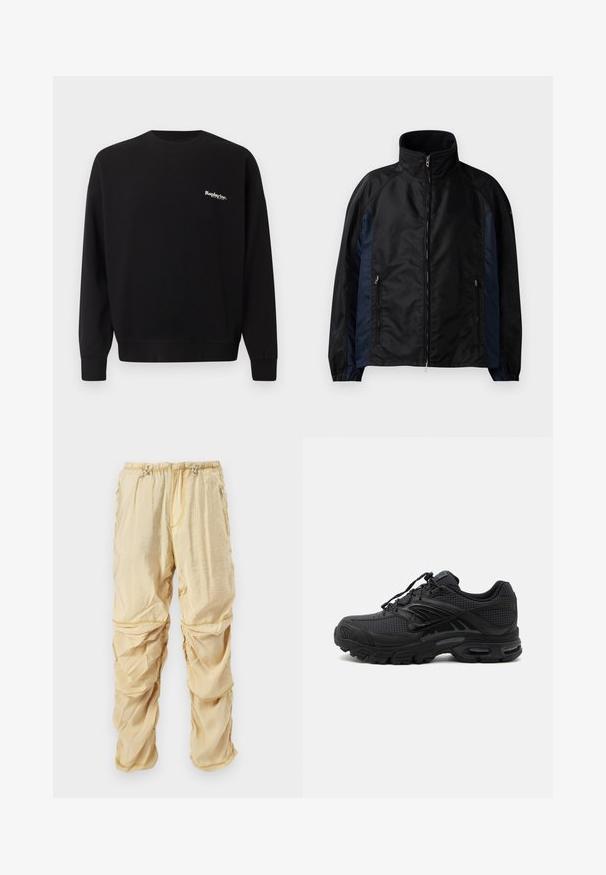 Zwarte en marineblauwe windbreaker jacket met hoge kraag, ritssluiting aan de voorkant, zijzakken, elastische manchetten en een gladde textuur.; Replay Inc. Sweater - black; Lichtbeige nylon cargobroek met verstelbare trekkoorden in de taille en ritszakken, ontworpen met geplooide, gelaagde stofdetails.; Zwarte atletische sneaker met textuurstof, dikke gevoerde zool, luchtopeningen en vetersluiting, vanaf de zijkant weergegeven tegen een lichte achtergrond.