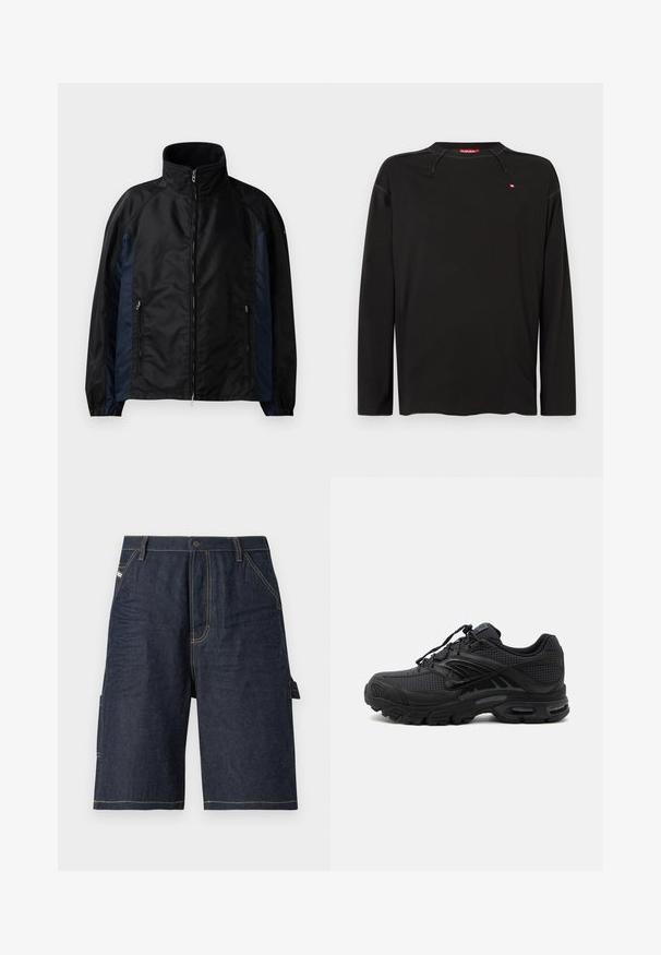 Veste coupe-vent noire et marine avec un col haut, une fermeture éclair sur le devant, des poches latérales, des poignets élastiques et une texture lisse.; Chemise noire à manches longues en tissu lisse avec un col rond, présentant un logo rouge sur la poitrine et des détails de couture contrastants.; Shorts en denim bleu foncé avec une coupe droite, cinq poches, des détails de couture jaune et une poche latérale pour une fonctionnalité supplémentaire.; Baskets de sport noires avec tissu texturé, semelle épaisse et rembourrée, aérations et fermeture à lacets, vues de profil sur fond clair.