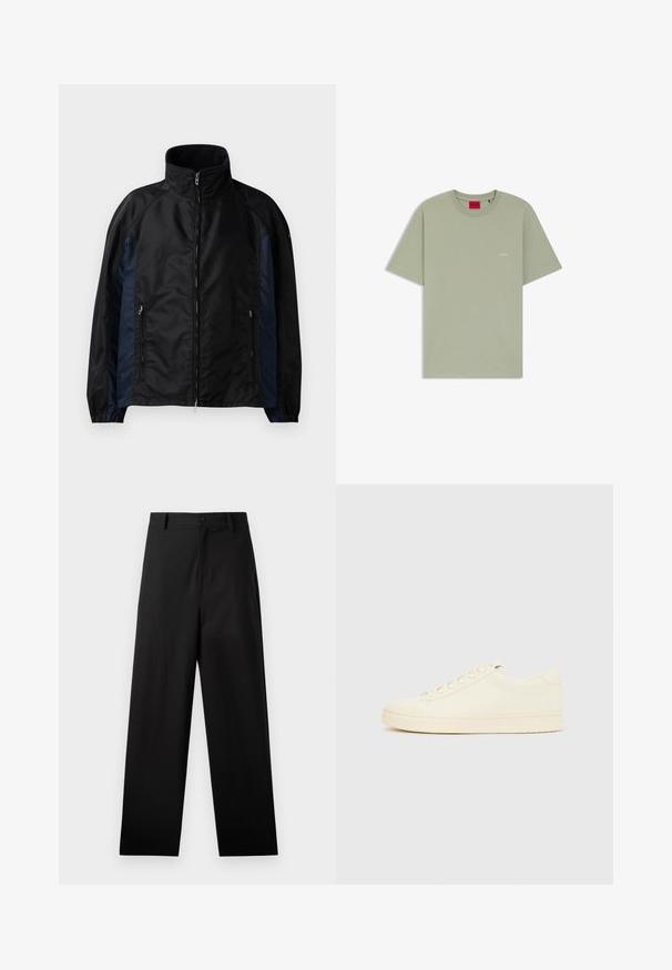 Schwarze und marineblaue Windbreaker-Jacke mit hohem Kragen, Reißverschluss vorne und seitlichen Taschen, elastischen Bündchen und einer glatten Textur.; Hellgrünes T-Shirt mit kurzen Ärmeln und Rundhalsausschnitt, mit kleinem weißem "HUGO"-Logo auf der Brust und rotem Innenetikett am Kragen.; Schwarze Baumwollhosen mit geradem Bein, ausgestattet mit einem vorderen Knopfverschluss und Seiten Taschen. Glatte Textur, keine Muster.; Cremefarbener Sneaker mit glattem Lederoberteil, abgerundeter Zehenpartie, Schnürung vorne und strukturierter Gummisohle. Minimalistisches Design, ohne Logos.