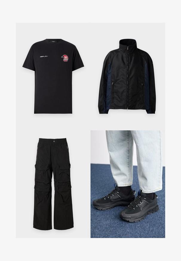 Chaqueta cortavientos en negro y azul marino con un alto cuello, cierre frontal con cremallera y bolsillos laterales, puños elásticos y una textura suave.; Replay SHORT SLEEVE GRAPHIC - Camiseta estampada - black; Pantalones cargo negros con una cintura elástica, múltiples bolsillos grandes y bolsillos laterales con cremallera. Fabricados con un tejido ligero y texturizado.; Zapatillas deportivas negras con tejido texturizado y suelas de goma, con cordones elásticos y un acento azul en el talón. Combinadas con pantalones de mezclilla claros.
