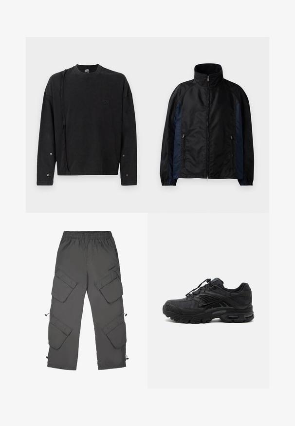 Čierna a námornícka vetrovka s vysokým golierom, zipovým predným zapínaním a bočnými vreckami s elastickými manžetami a hladkou textúrou.; Čierny sweatshirt s dlhým rukávom a okrúhlym výstrihom, s jemným logom na prednej strane a patentkami na rukávoch, vyrobený z mäkkej tkaniny.; Cargo nohavice v tmavosivej tkanine s elastickým pásom, viacerými cargo vreckami, šnúrkami na zaťahovanie a hladkou štruktúrou.; Čierna atletická teniska s texturovanou tkaninou, hrubou polstrovanou podrážkou, odvetrávacími otvormi a šnurovaním, zobrazená z boku na svetlom pozadí.