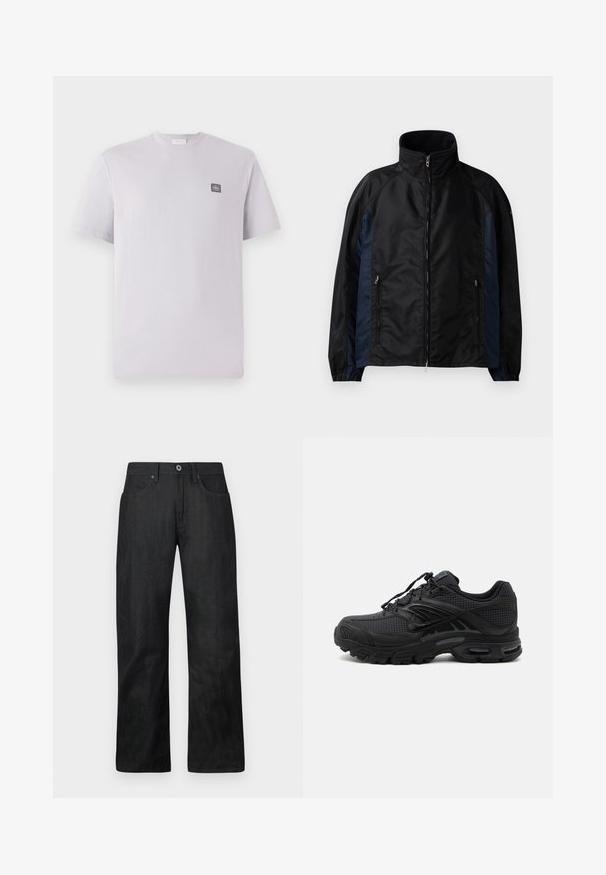 Schwarze und marineblaue Windbreaker-Jacke mit hohem Kragen, Reißverschluss vorne und seitlichen Taschen, elastischen Bündchen und einer glatten Textur.; Hellblau-lilafarbenes T-Shirt mit kurzen Ärmeln aus Baumwolle, Rundhalsausschnitt und einem kleinen dunklen Logo-Patch auf der linken Brust. Glatte Textur.; Schwarze Denim-Jeans verfügen über ein gerades Bein-Design, fünf Taschen und einen Knopfverschluss. Glatte Textur mit subtilen Steppdetails.; Schwarzer athletischer Sneaker mit strukturiertem Stoff, dicker gepolsterter Sohle, Luftauslässen und Schnürverschluss, von der Seite auf hellem Hintergrund gezeigt.