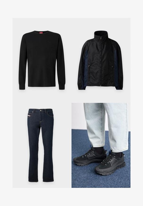Chaqueta cortavientos en negro y azul marino con un alto cuello, cierre frontal con cremallera y bolsillos laterales, puños elásticos y una textura suave.; Camiseta negra de manga larga hecha de una tela suave, con un cuello redondo y un sutil logo negro en el pecho. Diseño liso, corte regular.; Jeans de mezclilla azul marino con corte recto, con costuras naranjas, cierre de botón metálico y un pequeño logo en el bolsillo trasero.; Zapatillas deportivas negras con tejido texturizado y suelas de goma, con cordones elásticos y un acento azul en el talón. Combinadas con pantalones de mezclilla claros.