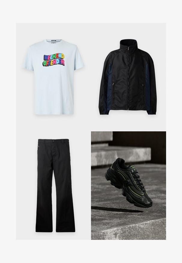 Sort og marineblå vindjakke med højt krave, lynlås foran og sidelommer, elastiske manchetter og en glat tekstur.; Lyseblå bomulds-t-shirt med et multicoloreret "WEEKEND OFFENDER" grafik trykt hen over brystet i fede, legende skrifttyper.; Sorte, bomulds lige bukser med knaplukning. Har sidelommer og et minimalistisk design uden synlige mønstre eller detaljer.; Sort New Balance sneaker med neon grønne accenter svævende over grå betontrin i dæmpet belysning.