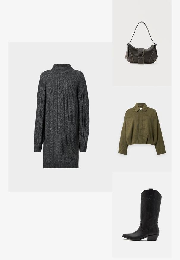 Veste cropped vert olive en matériau doux semblable à du daim. Caractéristiques : col montant, fermeture éclair avant et manches larges et amples.; Robe pull longue en tricot à côtes gris foncé avec un col montant, des poignets et un ourlet côtelés sur fond blanc.; Botte de cowboy en cuir noir avec un bout pointu, un talon bas empilé et un motif de feuilles embossé complexe sur la tige. Boucle en haut pour un enfilage facile.; Sac à épaule en cuir noir avec une sangle à boucle, des bords arrondis et des coutures blanches contrastées sur un fond uni.
