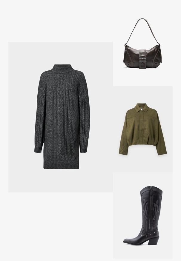 Olivgrüner, verkürzter Mantel aus weichem Wildlederähnlichem Material. Verfügt über einen Stehkragen, einen Reißverschluss vorne und lockere, weite Ärmel.; Dunkelgraues, kabelgestricktes, langes Sweaterkleid mit geripptem Stehkragen, Bündchen und Saum auf weißem Hintergrund.; Schwarze Cowboy-Stiefel aus Leder mit spitzer Zehenpartie, sichtbarer Nahtführung, silbernen Nietenakzenten und Reißverschluss auf der Innenseite.; Braune Lederumhängetasche mit gebogener Form, die mit einem auffälligen Schnallendetail, kontrastierenden Nähten und einem einzigen Schulterriemen ausgestattet ist.