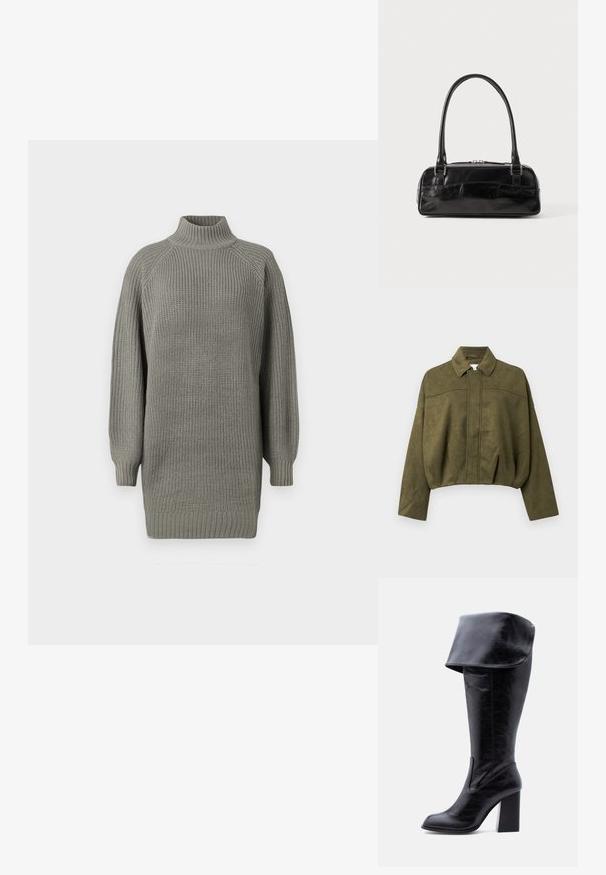 Olivovo zelená, skrátená bunda vyrobená z mäkkého materiálu pripomínajúceho semiš. Má stojačik, predné zapínanie na zips a voľné, široké rukávy.; Veľký sivý pletený sveter s vysokým golierom, rebrovanými manžetami a textúrovaným povrchom. Má spadnuté ramená a uvoľnený strih.; Vysoká čierna kožená čižma na podpätku s preloženým manžetom a zaoblenou špičkou, stojaca vzpriamene na bielom pozadí.; Čierna kožená kabelka obdĺžnikového tvaru, vybavená jednou pevnou rukoväťou, strieborným kováním a zipsom. Hladký povrch.