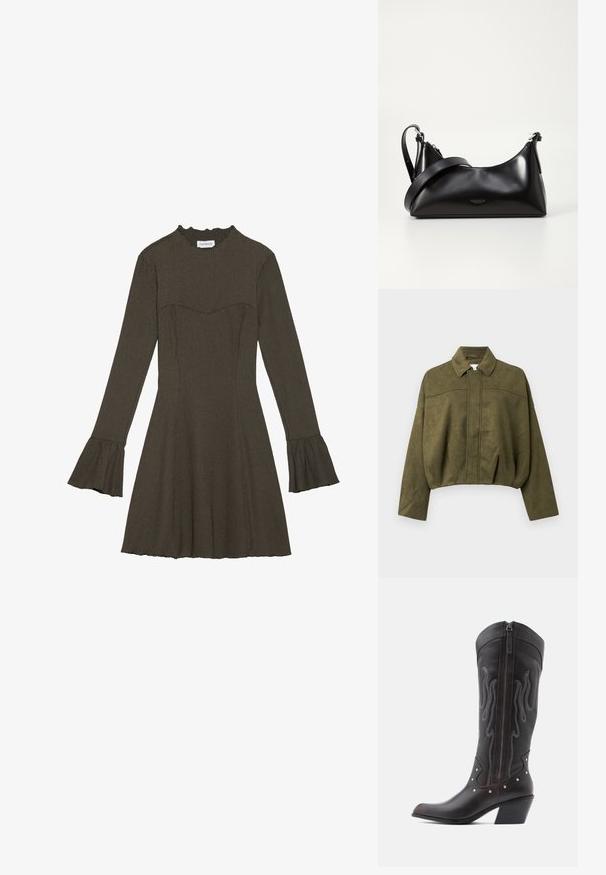 Olivengrøn, cropped jakke i blødt suede-lignende materiale. Har en standkrave, frontlynlås og løse, brede ærmer.; Langærmet kjole i olivengrøn med tætsiddende overdel, flagrende ærmer og en rynket halsudskæring. Struktureret stof med en let flagrende nederdel.; Brune læder cowboystøvler med flammebroderi, sidelukning med lynlås, sølvnitter, spids snude og lagdelt hæl.; Sort læderhåndtaske med en glat tekstur. Har en justerbar stropp og et enkelt, minimalistisk design med lynlås.