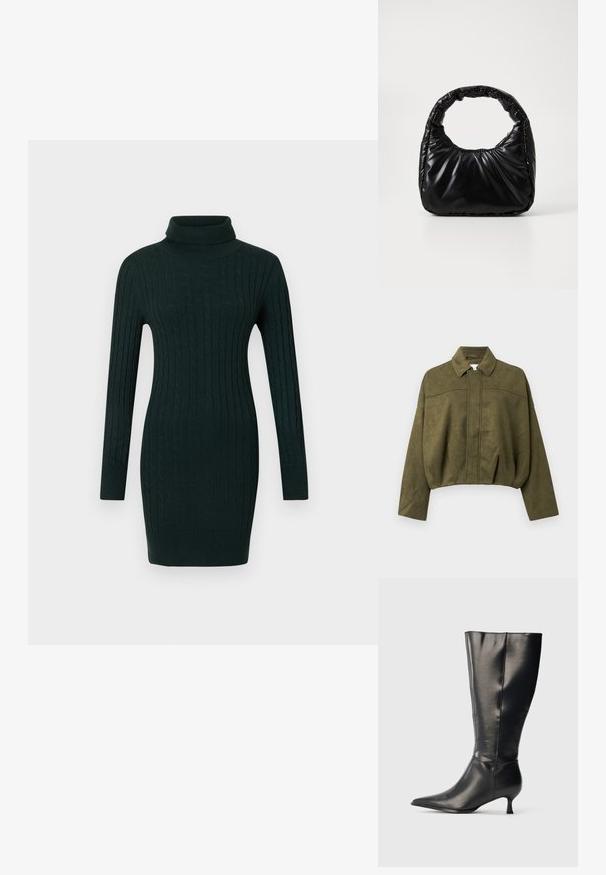 Veste cropped vert olive en matériau doux semblable à du daim. Caractéristiques : col montant, fermeture éclair avant et manches larges et amples.; Robe pull en laine à mailles torsadées vert foncé avec des manches longues et un col roulé ajusté sur fond uni.; Botte en cuir noire montant jusqu'au genou, avec un bout pointu et un petit talon bas, présentée sur un fond clair uni.; Sac à main noir rembourré avec une poignée arrondie, présentant une surface lisse et brillante ainsi qu'une texture douce et matelassée. Pas de quincaillerie ou d'accents visibles.