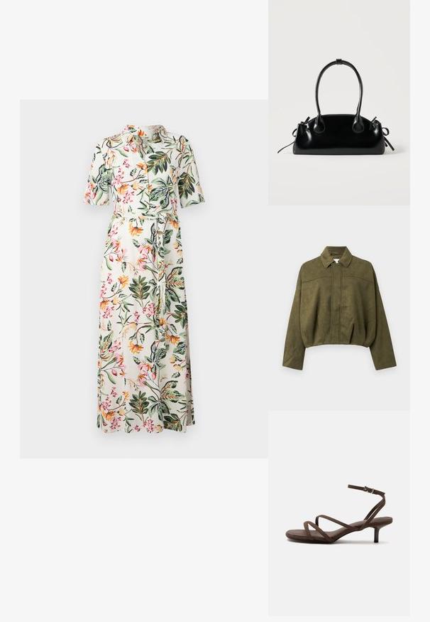 Olivengrøn, cropped jakke i blødt suede-lignende materiale. Har en standkrave, frontlynlås og løse, brede ærmer.; Blomster midi-kjole med korte ærmer, knaplukning fortil og taljebælte. Har en hvid baggrund med flerfarvede blomster og grønne blade.; Brun højhælet sandal med tynde krydsede stropper og en ankelrem med en sølvspænde på en hvid baggrund.; Lille sort blank håndtaske med to lange håndtag og snøre-detaljer i siden på en ensfarvet lys baggrund.