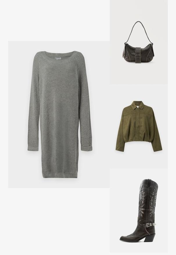 Olivengrøn, cropped jakke i blødt suede-lignende materiale. Har en standkrave, frontlynlås og løse, brede ærmer.; Grå strikket sweaterkjole med lange ærmer, ribbede manchetter, rund halsudskæring og sideslidser for nem bevægelse. Tekstureret stof.; Sort læder cowboystøvle med dekorative udskæringer, sølvspænde og skrå hæl, vist på hvid baggrund.; Sort læder skuldertaske med spænde på remmen, afrundede kanter og kontrasterende hvide syninger på en ensfarvet baggrund.