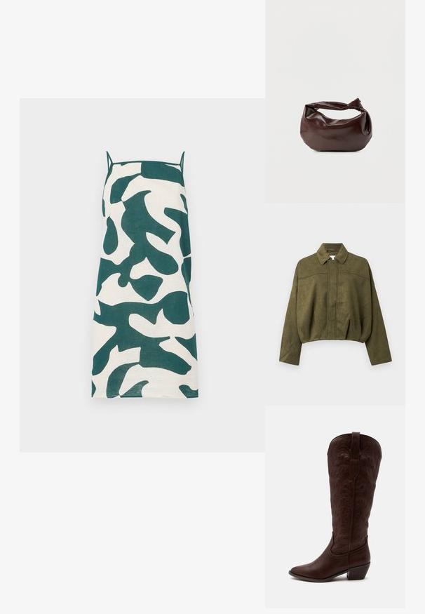 Veste cropped vert olive en matériau doux semblable à du daim. Caractéristiques : col montant, fermeture éclair avant et manches larges et amples.; Robe à bretelles spaghetti en crème avec un motif camouflage abstrait vert. Présente une coupe droite et un tissu léger.; Botte de cowboy haute en cuir marron avec des coutures détaillées, un bout pointu et un talon bloc sur un fond clair uni.; Sac bandoulière en cuir marron foncé avec une forme souple et décontractée et une anse nouée torsadée sur un fond blanc uni.
