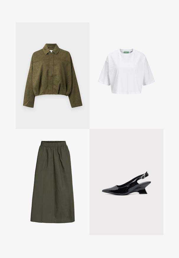 Olijfgroen, gekort jack van zacht suede-achtige stof. Heeft een staande kraag, een rits aan de voorkant en losse, brede mouwen.; Witte cropped t-shirt van katoen, met korte mouwen en een ronde hals. Groene label aan de binnenkant met zichtbare merknaam.; Olijfgroene, enkellange skirt met geplooide elastische tailleband en een gladde, licht kreukelige stofstructuur.; Zwarte lakleren slingback schoen met spitse neus en lage schuine blokhak op een effen lichte achtergrond.