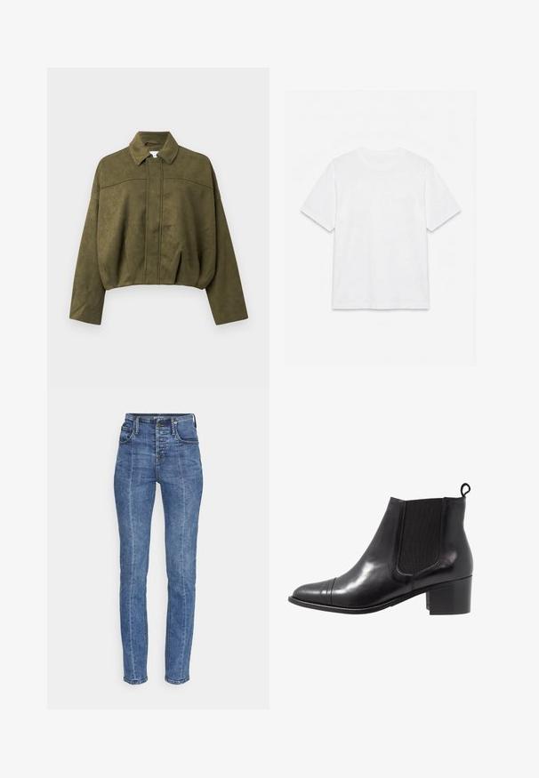 Olivengrøn, cropped jakke i blødt suede-lignende materiale. Har en standkrave, frontlynlås og løse, brede ærmer.; Hvid ensfarvet t-shirt med korte ærmer og rund hals, lagt fladt på en hvid baggrund.; Højtaljede blå denim jeans med en slim fit, fem lomme design og svage vertikale sy detaljer. Klassisk knap- og lynlåslukning.; Sorte læder ankelstøvler med elastiske sidepaneler, rund tå og tekstureret blokhæl. Har en løkke til at trække i bagpå for nem påtagning.