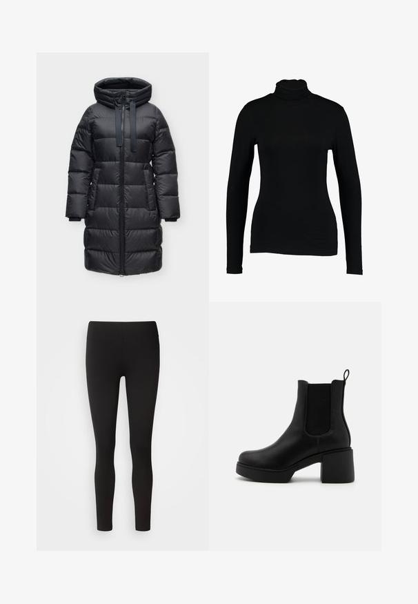 Lang sort vinterjakke med foring, hætte, frontlynlås, sidelommer og snøre-detaljer på hætten.; Sort langærmet turtleneck top lavet af glat stof, med et tætsiddende design og høj hals, velegnet til lag-på-lag brug eller som en selvstændig beklædningsgenstand.; Sorte leggings lavet af strækbart stof med en sømløs talje, tætsiddende design og glat tekstur, velegnet til forskellige aktiviteter.; Sort ankelstøvle med en glat læderfinish, elastiske sidedele og en chunky rektangulær hæl. Har en løkke til nem påtagning.