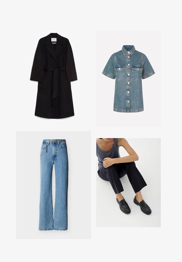Sort bæltefrakke i uldblanding med klassisk krave, lange ærmer og to forreste påsyede lommer. Glat tekstur og knælangt design.; Lynblå denimskjorte med korteærmer, knaplukning foran, to brystlommer og kontrastsyninger. Klassisk kravedesign.; Lyseblå jeans i høj talje med vide ben, fem lommer og et matchende bælte i denim med metaløjer og spænde.; Sorte læderloafers med teksturerede detaljer, lav hæl, rund tå og synlige syninger. Modellen bærer mørke bukser og en grå top.