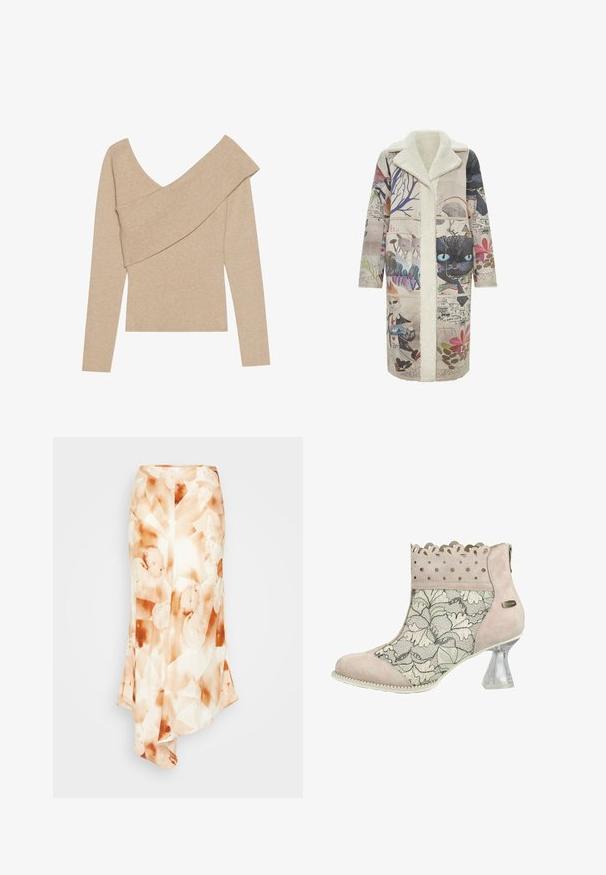 Manteau long beige avec un doux col en fausse fourrure blanche. Il présente des illustrations colorées d'animaux et de plantes, y compris un chat noir et un renard.; Even&Odd Pullover - mottled beige; Jupe longue et fluide en tissu léger avec un motif abstrait dans des tons terre, comprenant du blanc crémeux, un orange doux et des taches marron.; Bottine beige avec panneau en dentelle florale, bord en daim perforé festonné et talon évasé transparent.