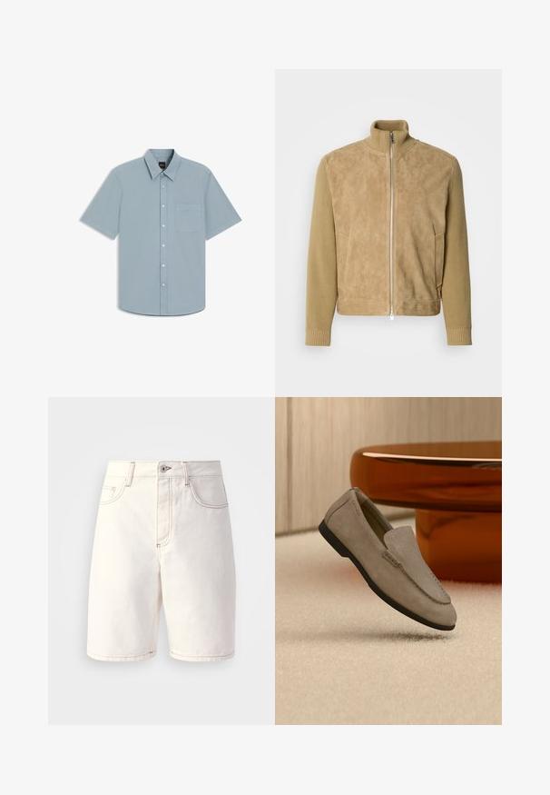 Veste beige avec un corps en daim lisse et des manches en tricot texturé, col montant, fermeture zippée à l'avant et poches latérales.; Chemise bleu clair à manches courtes avec boutons, poche avant et col pointu, étalée à plat sur un fond blanc.; Shorts en denim blanc à coupe droite, dotés de cinq poches, de coutures oranges et d'une fermeture éclair avec un bouton unique.; Mocassin en suède marron clair avec semelle noire, posé sur un tapis beige devant une table circulaire marron réfléchissante contre un mur en bois.