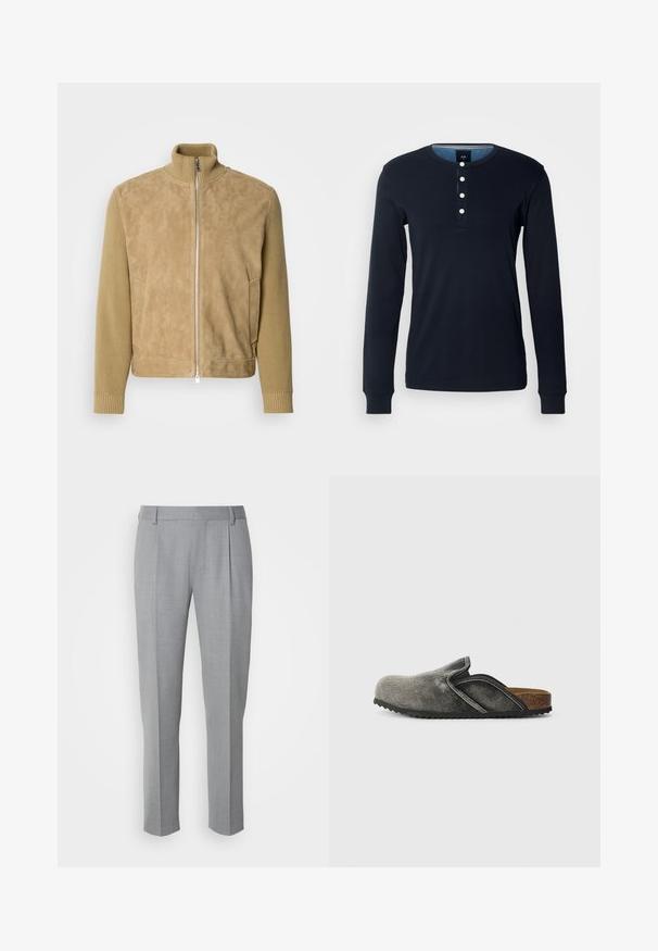 Beige takki, jossa on sileä mokkanahkainen runko ja teksturoidut neulotut hihat, korkea kaulus, vetoketjullinen etuosa ja sivutaskut.; Tummansininen pitkähihainen paita, joka on valmistettu puuvillasta. Paidassa on henley-tyylinen kaula-aukko viidellä valkoisella napilla ja ribbaatut hihansuukset. Pehmeä pinta ja slim fit -malle.; Harmaat räätälöidyt housut, joissa on sileä pinta, tasainen etuosa, suorat lahkeet ja hienovaraiset laskokset lisäyksinä.; Harmaat kangaskengät, joissa on pyöreä kärki, kaareva muotoilu ja helppokäyttöinen malli. Teksturoitu päällinen ja muotoiltu korkkipohja. Kumipohja, jossa on pito.