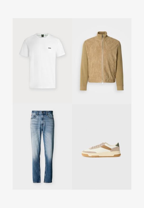 Beige jas met een soepel suède lichaam en gestructureerde gebreide mouwen, met een hoge kraag, ritssluiting aan de voorkant en zijzakken.; Effen wit T-shirt met korte mouwen en een klein zwart "BOSS"-logo op de linkerborst, getoond tegen een lichte achtergrond.; Verbleekte blauwe jeans met rechte pijpen, vijf zakken, knoopsluiting en riemlussen, plat uitgestald op een witte achtergrond.; Sneakers in beige, crème en olijfgroen, met suede en leer, een ronde neus, een minimalistisch ontwerp en een rubberen zool.