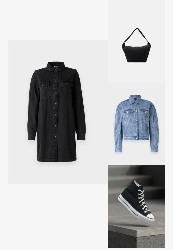 Lys blå denimjakke med en cropped design, brystlommer, sølvknapper og syede detaljer på ærmerne og kroppen. Klassisk krave- stil.; Sort denim skjortekjole med knaplukning foran, krave, lange ærmer og to brystlommer. Har et simpelt design og et robust materiale.; Sort højt sneakers med hvide snørebånd og gummisål balancerer på kanten af en grå betonplatform.; Sort stof skuldertaske med en blød tekstureret overflade, rund form og en enkelt rem. Minimalistisk design uden synligt hardware eller accenter.
