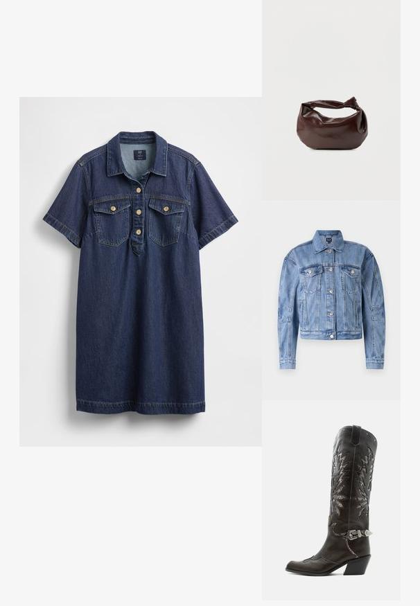 Veste en denim bleu clair au design court, avec des poches poitrine, des boutons argentés et des accents cousus sur les manches et le corps. Style de col classique.; Robe chemise en denim bleu foncé avec manches courtes, deux poches poitrine, patte de boutonnage à cinq boutons et texture subtilement délavée.; Botte de cowboy en cuir noir avec découpes décoratives, boucle argentée et talon incliné, présentée sur fond blanc.; Sac bandoulière en cuir marron foncé avec une forme souple et décontractée et une anse nouée torsadée sur un fond blanc uni.