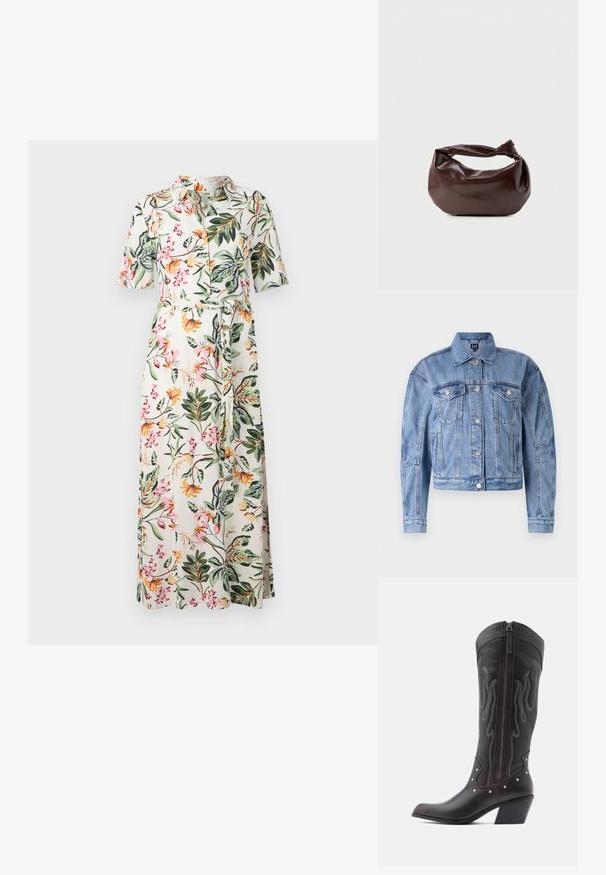 Lichtblauwe denimjas met een cropped ontwerp, borstzakken, zilveren knopen en gestikte accenten op de mouwen en het lichaam. Klassiek kraagontwerp.; Bloemen midi-jurk met korte mouwen, knoopsluiting aan de voorkant en tailleband. Heeft een witte achtergrond met kleurrijke bloemen en groene bladeren.; Bruine leren cowboylaarzen met vlamstiksels, zijrits, zilveren studs, spits toelopende neus en gestapelde hak.; Donkerbruine leren schoudertas met een zachte, slungelige vorm en een gedraaide knoopvormige handgreep op een effen witte achtergrond.