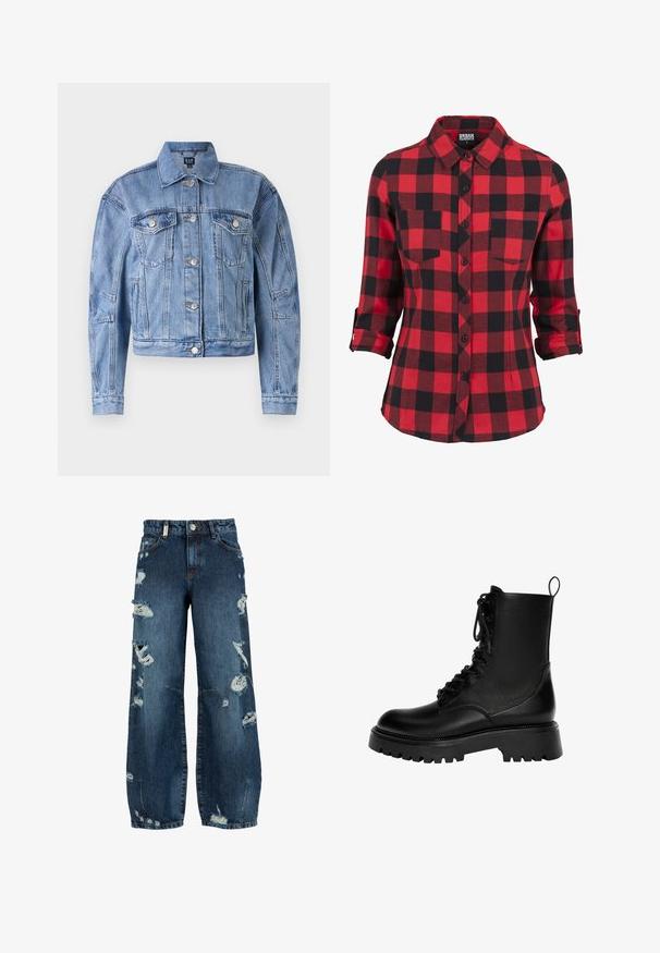 Lys blå denimjakke med en cropped design, brystlommer, sølvknapper og syede detaljer på ærmerne og kroppen. Klassisk krave- stil.; Rød- og sortternet flannel skjorte, lange ærmer med opsmøgede manchetter, spidse krave, to brystlommer, knaplukning fortil, blød tekstur.; Blå højtaljede viddeben jeans med flere slidte rifter og frynsete detaljer foran og på benene.; Sorte snørebånd ankelstøvler lavet af syntetisk læder, med en kraftig sål, trækstrop og fremtrædende syninger.