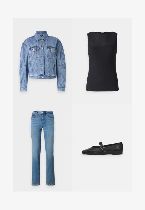 Chaqueta de mezclilla de color azul claro con un diseño cropped, bolsillos en el pecho, botones plateados y detalles bordados en las mangas y el cuerpo. Estilo clásico de cuello.; Camiseta de tirantes negra de canalé con un escote amplio. La tela es suave y ajustada, con una sutil textura en toda la prenda. Sin adornos visibles.; Jeans de mezclilla azul claro con diseño de pierna recta, con cremallera, cierre de botón y bolsillos cosidos en la parte delantera y trasera.; Zapato plano de cuero negro con punta redondeada, una sola correa ajustable con hebilla y una textura suave y brillante. Diseño minimalista con un tacón bajo.