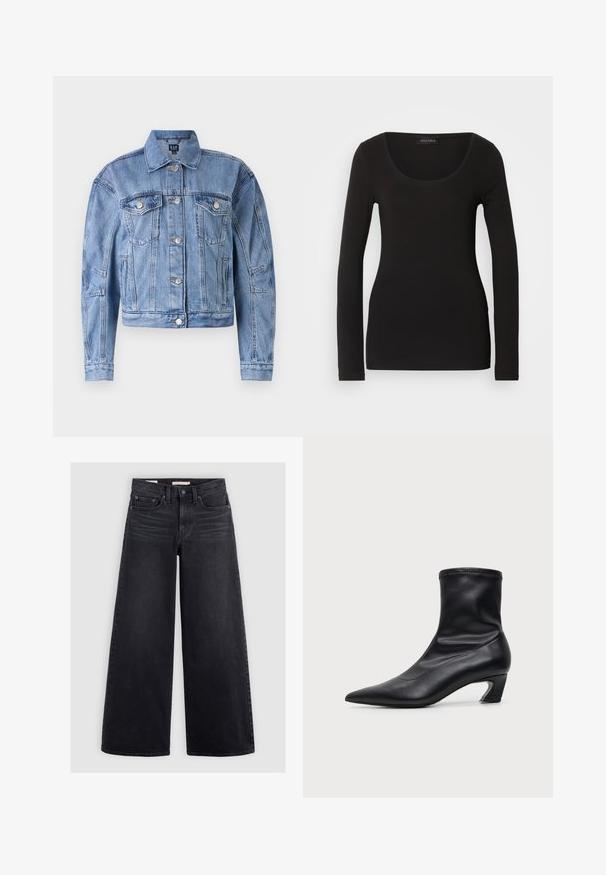 Lichtblauwe denimjas met een cropped ontwerp, borstzakken, zilveren knopen en gestikte accenten op de mouwen en het lichaam. Klassiek kraagontwerp.; Zwarte langetermijn top met een scoop halslijn, gemaakt van zachte, rekbare stof. Heeft een getailleerde pasvorm en een gladde textuur. Merklabel zichtbaar.; Zwart denim met wijde pijpen, met een hoge taille, vijf zakken en subtiele vervaging aan de voorkant.; Zwarte halfhoge leren laars met spitse neus en lage, gebogen hak, zijaanzicht op een effen lichte achtergrond.