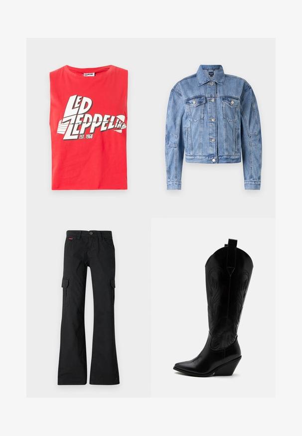 Veste en denim bleu clair au design court, avec des poches poitrine, des boutons argentés et des accents cousus sur les manches et le corps. Style de col classique.; T-shirt sans manches rouge en coton. Présente un grand imprimé graphique de "LED ZEPPELIN" avec un symbole de poisson et "EST. 1968" en blanc.; Pantalons cargo noirs avec une coupe droite. Comprend deux poches latérales, une fermeture à bouton et un petit logo brodé sur la taille.; Botte de cowboy en cuir noir avec bout pointu, talon bloc incliné, couture décorative et languettes en haut sur fond blanc.