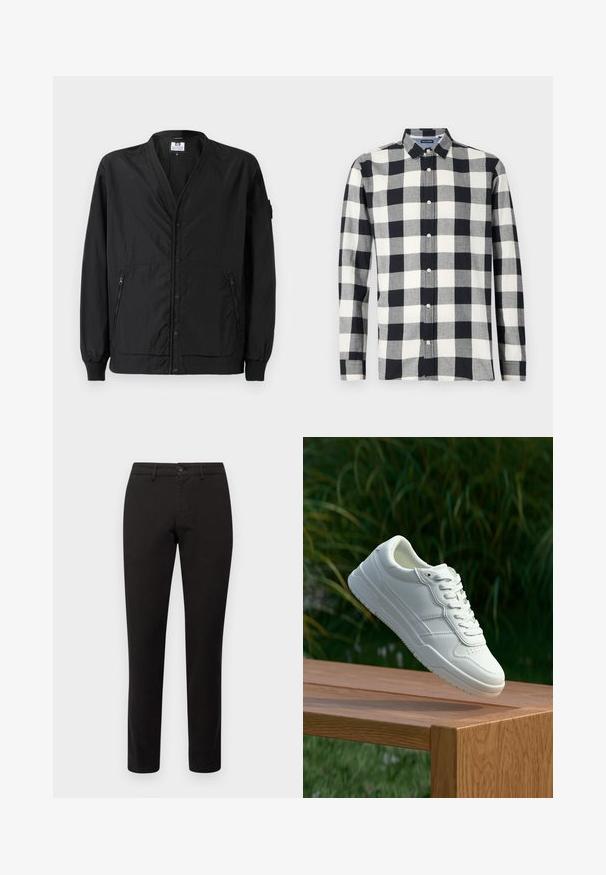 Veste noire légère avec une fermeture à boutons, des poignets côtelés et deux poches latérales zippées. Elle présente une coupe décontractée et une texture lisse.; Chemise à manches longues en motif carrelé noir et blanc, fabriquée dans un tissu à texture lisse. Comprend un col boutonnière et des boutons à l'avant.; Chino noir avec une coupe ajustée, en tissu mélangé coton. Doté d'une fermeture à bouton sur le devant et de cinq poches. Texture lisse, détails minimaux.; Baskets en cuir blanc avec une texture lisse, présentant un design perforé, un laçage classique et une semelle en caoutchouc, positionnées au-dessus d'une surface en bois.