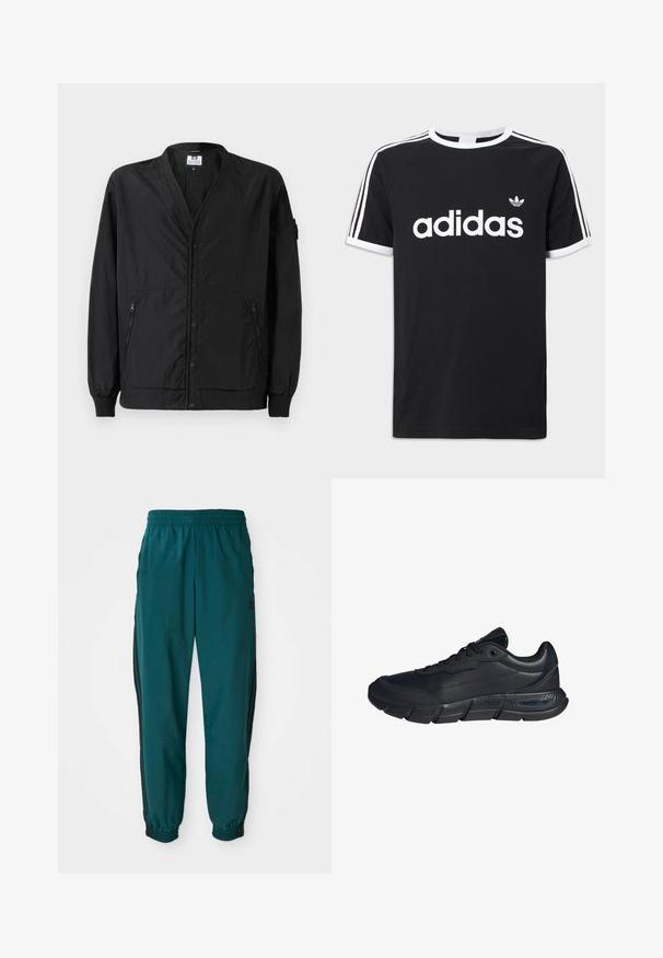 Schwarze, leichte Jacke mit durchgehendem Knopfverschluss, gerippten Bündchen und zwei seitlichen Reißverschlusstaschen. Bietet eine lockere Passform und eine glatte Textur.; Schwarzes Baumwoll-T-Shirt mit weißem Adidas-Logo, drei weißen Streifen auf den Schultern und weißem Besatz an Ausschnitt und Ärmeln.; Türkise Sporthose mit einem Kordelzugbund, elastischen Bündchen und seitlichen schwarzen Streifen. Hergestellt aus leichtem Stoff und mit einem Logo in der Nähe der Hüfte.; Schwarzer Sneaker mit niedrigem Schaft, gepolstertem Kragen, profilierter Sohle, Schnürung vorne und „Cloudfoam“-Markierung auf der Zwischensohle, Seitenansicht.