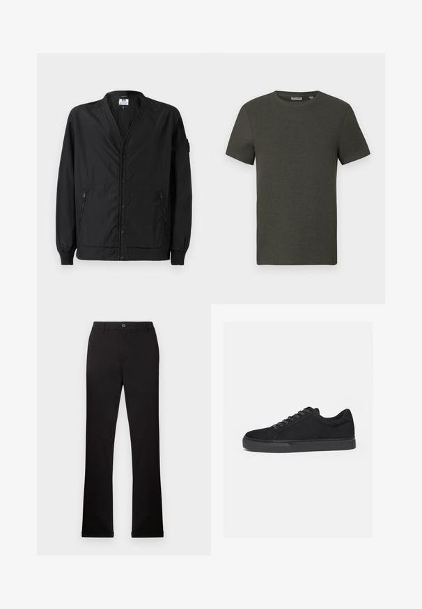 Veste noire légère avec une fermeture à boutons, des poignets côtelés et deux poches latérales zippées. Elle présente une coupe décontractée et une texture lisse.; T-shirt à manches courtes vert foncé avec un col rond, fabriqué en tissu côtelé ; présente un design simple et minimaliste sans motifs.; Pantalons en coton noir avec des jambes droites, une fermeture à bouton et fermeture éclair, et des poches latérales. Texture lisse, sans motifs ni accents visibles.; Baskets basses noires avec fermeture à lacets à l'avant et semelle en caoutchouc plate, vues de profil sur fond blanc.