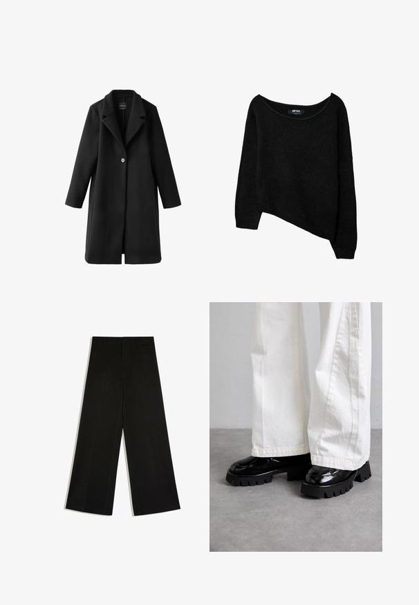 Manteau long en laine noir à un seul bouton, avec larges revers et manches droites, présenté à plat sur fond blanc.; Pull noir oversized à épaules dénudées, avec des poignets côtelés et une coupe courte. Confectionné dans un tissu doux et texturé. Étiquette visible à l'intérieur.; Pantalon noir à jambes larges avec passants de ceinture, fermeture devant par bouton et zip, posé à plat sur fond blanc.; Chaussures noires à semelles épaisses avec une finition brillante, associées à un pantalon large blanc. Tread épais et texture lisse remarquables sur les chaussures.