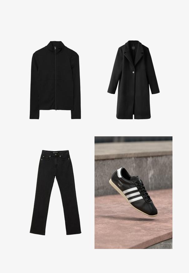 Manteau long en laine noir à un seul bouton, avec larges revers et manches droites, présenté à plat sur fond blanc.; Veste zippée noire à manches longues avec col haut, fermeture éclair frontale sur toute la longueur et design ajusté.; Jean noir droit avec cinq poches, fermeture à boutons et passants pour ceinture, taille 38.; Baskets en cuir noir avec des rayures blanches et une semelle blanche, lacées, flottant au-dessus d'une surface en béton rosée avec un mur en pierre grise en arrière-plan.