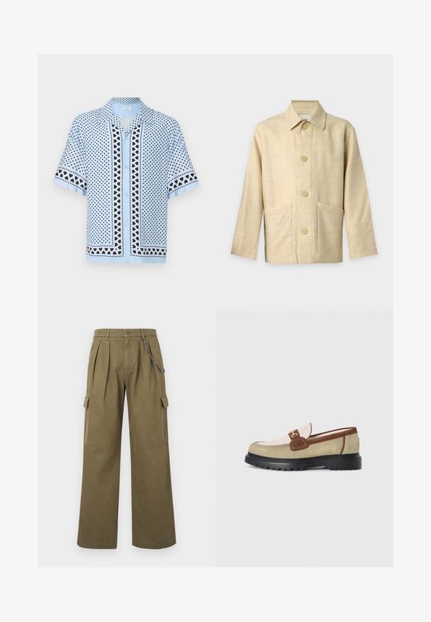 Veste beige à manches longues, boutonnée, avec col et deux poches avant, en tissu texturé.; Chemise bleu clair à manches courtes avec motif de cœurs noirs et blancs sur l'ensemble du tissu ainsi que sur les bordures des manches et du devant.; Pantalon cargo à jambes larges vert olive avec des plis, des poches latérales à rabat, une fermeture par boutons et une chaîne argentée décorative sur la ceinture avant droite.; Loafer avec des panneaux en suède beige, rose clair et marron, accent en boucle en métal doré et semelle épaisse en caoutchouc noir avec un motif de crans.