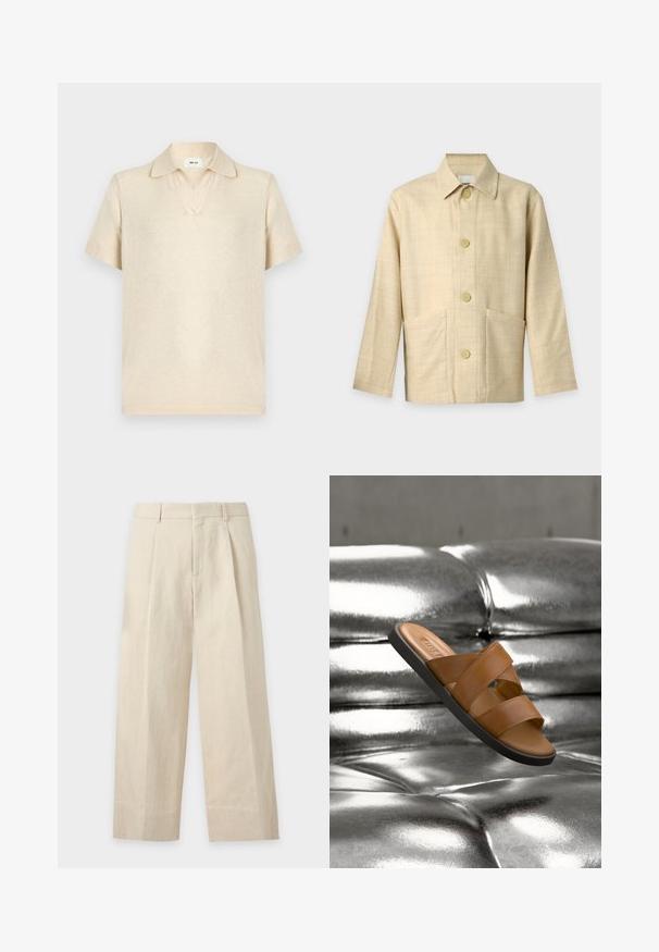 Veste beige à manches longues, boutonnée, avec col et deux poches avant, en tissu texturé.; Polo beige à manches courtes avec col ouvert et texture de tissu doux, posé à plat sur un fond blanc.; Pantalon beige à jambes larges avec passants de ceinture, plis devant et fermeture avant dissimulée.; Sandale slide en cuir marron avec deux larges brides et une semelle noire flottant au-dessus d'une surface capitonnée argent métallique brillante.