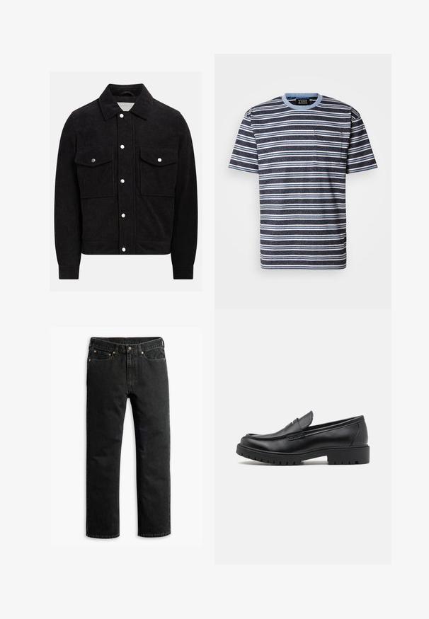 Zwart corduroyjack met een puntige kraag, twee knoopzakken op de borst en drukknoopsluitingen aan de voorkant en bij de manchetten. Getextureerde stof.; Scotch & Soda DYE STRIPE - T-shirt print - blue; Zwarte rechte spijkerbroek met vijf zakken, riemlussen en een knoopsluiting in de taille, plat gelegd op een witte achtergrond.; Zwarte leren instappers met een ronde neus, slip-on ontwerp en dikke rubberen zool met een gestructureerde grip. Verhoogde hak en subtiele stikdetails.