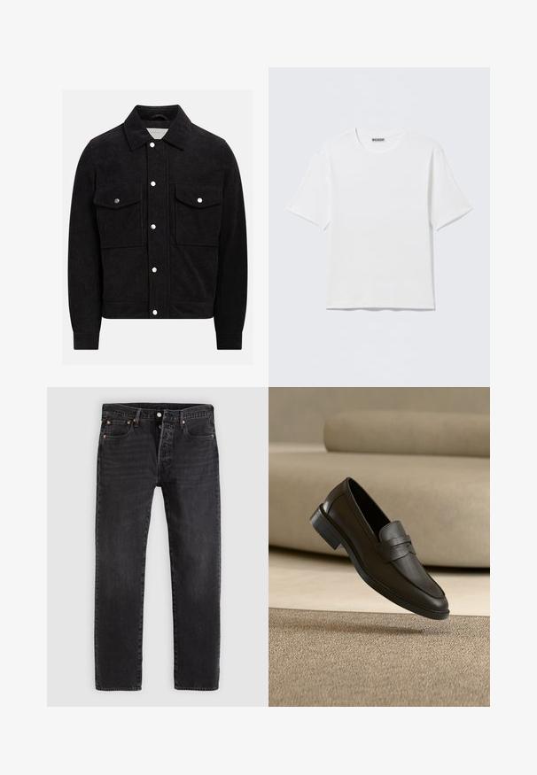 Veste en velours côtelé noire avec un col pointu, deux poches poitrine boutonnées et des fermetures à pression à l'avant et aux poignets. Tissu texturé.; T-shirt blanc uni à manches courtes et col rond, avec une petite étiquette "WEEKDAY" à l'intérieur du col arrière, présenté à plat.; Jean en denim noir à coupe droite, avec deux poches avant, une poche à monnaie et des rivets en métal. Design classique à cinq poches.; Chaussure loafer en cuir noir reposant sur un tapis beige avec un canapé beige courbé en arrière-plan.