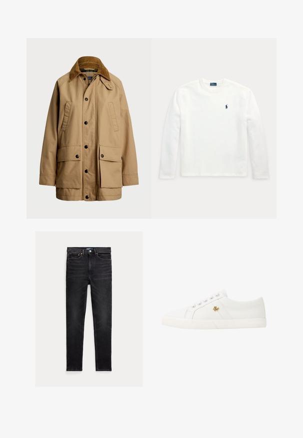 Polo Ralph Lauren COTTON UTILITY JACKET - Lichte jas - vintage khaki; Witte longsleeve met ronde hals en klein donkerblauw geborduurd paard- en ruiterlogo op de linkerborst.; Zwarte slim-fit jeans met vijf zakken, knoopsluiting en Polo merklabel op de tailleband, plat op een witte achtergrond gelegd.; Lauren Ralph Lauren JANSON II CANVAS SNEAKER - Sneakers laag - optic white