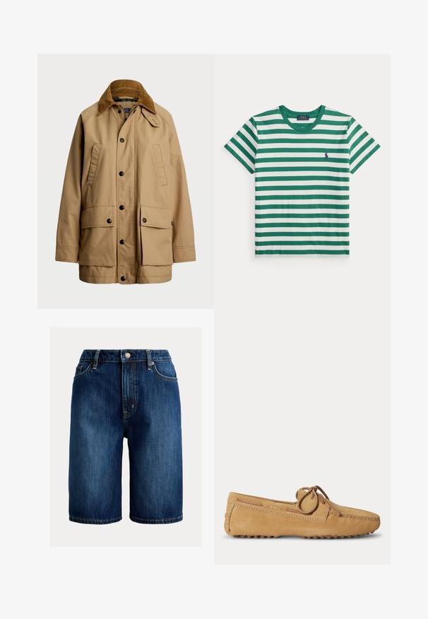 Polo Ralph Lauren COTTON UTILITY JACKET - Veste légère - vintage khaki; T-shirt à manches courtes rayé horizontalement vert et blanc, col rond et petit logo violet brodé sur la poitrine.; Shorts en denim bleu foncé avec une coupe droite, une taille mi-haute, une fermeture par bouton métallique et des coutures contrastantes jaunes le long des coutures.; Mocassin en daim marron clair avec bout arrondi, lacet en cuir noué en nœud et semelle en caoutchouc à picots pour une meilleure adhérence.